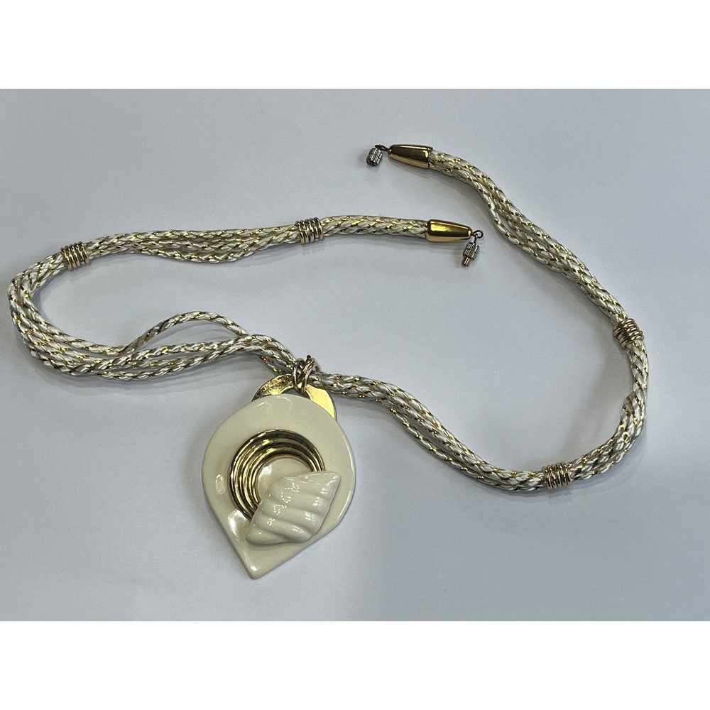 Vintage White Ceramic Shell Pendant Necklace Gold Braided Cord Barrel Clasp